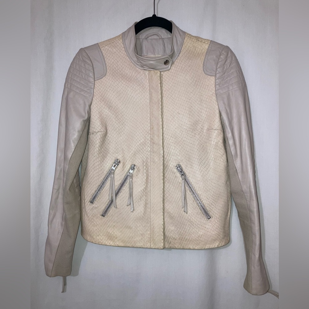 Rebecca Taylor Lamb Leather Moto Jacket Reptilian In Beige/Blush Pink Sz 6